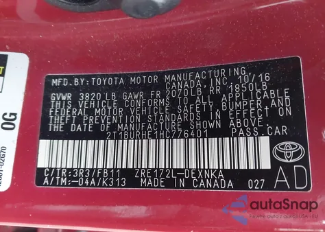 2017 Toyota Corolla Le из США, поврежденный, VIN 2T1BURHE1HC776401